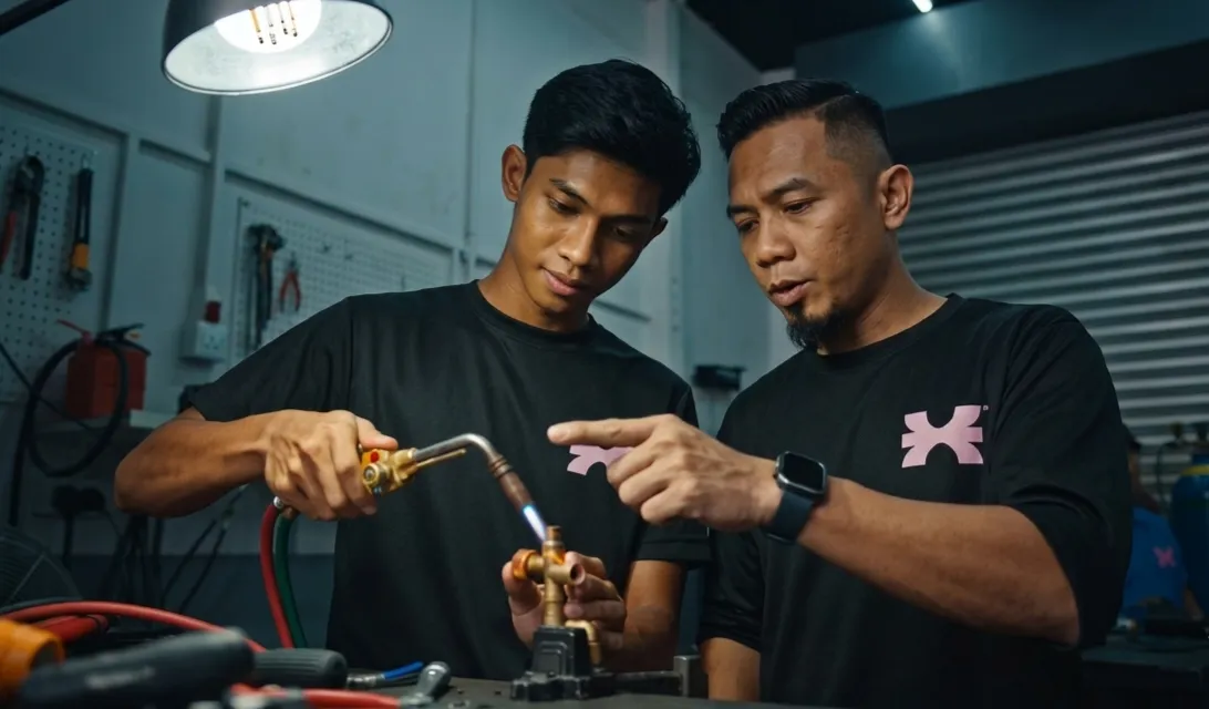 Seorang jurulatih Fixers membimbing pelatih muda memateri paip kuprum dengan obor di dalam bengkel
