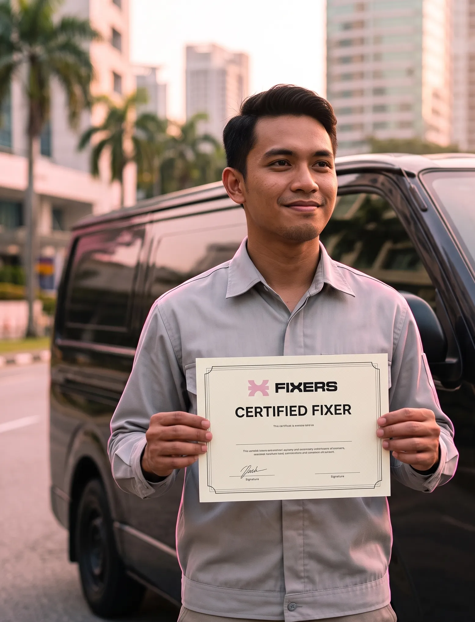 A newly certified Fixers technician holding their certificate