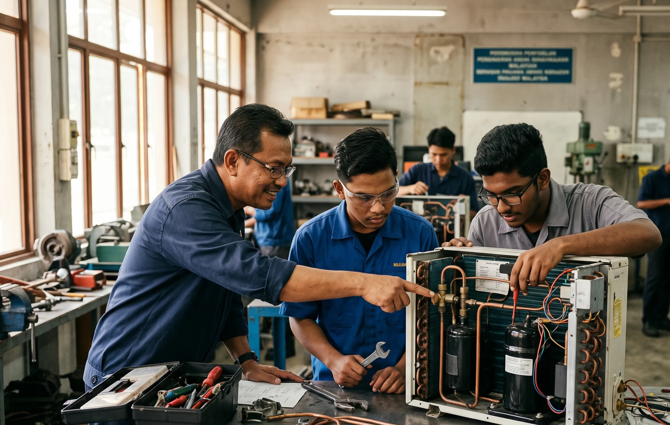 An instructor guiding trainees on a real air-conditioning unit